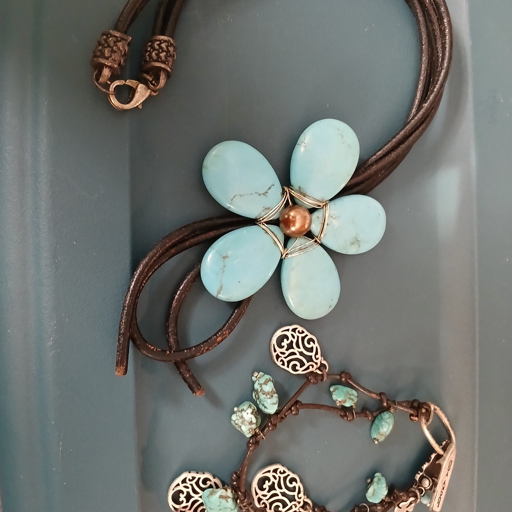 Turquoise Flower Pendant Necklace with Brown Leather Cord